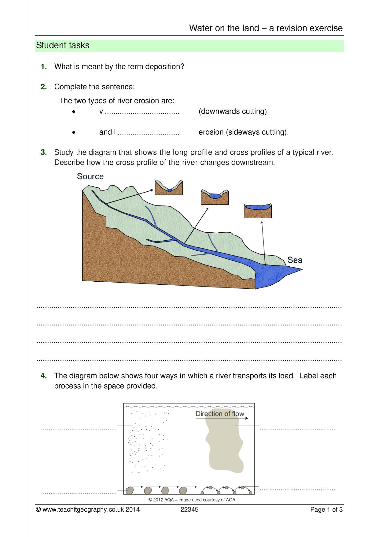 Water on the land – a revision exercise With Erosion And Deposition Worksheet